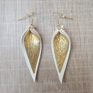 Leather Statement Earrings Cream Ivory Gold 2.75 L Pinched Leaf Jewelry.
